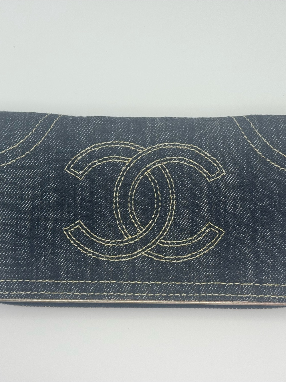 CHANEL Denim Quilted Wallet in Dark Blue with Cream Stitching